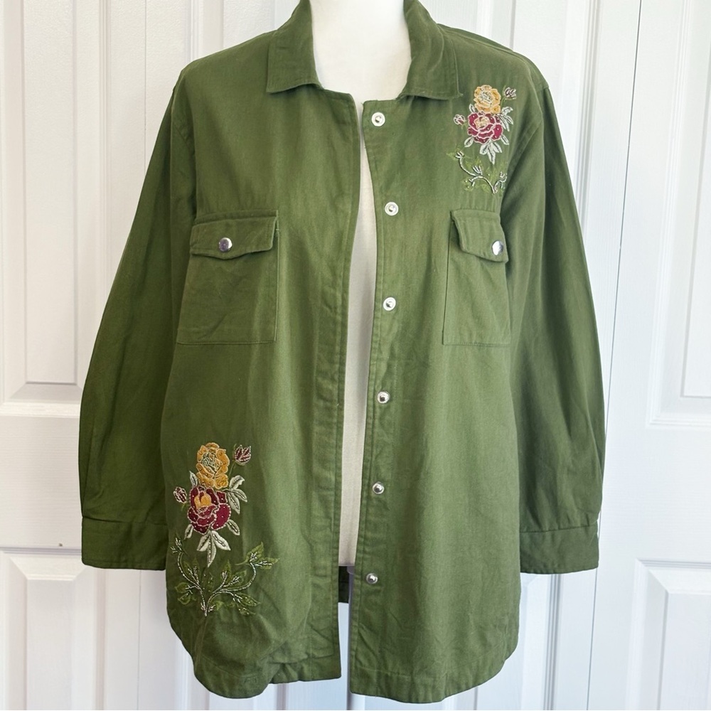 Blue Rain Olive Green Boho Floral Embroidered Utility Jacket Shacket Small